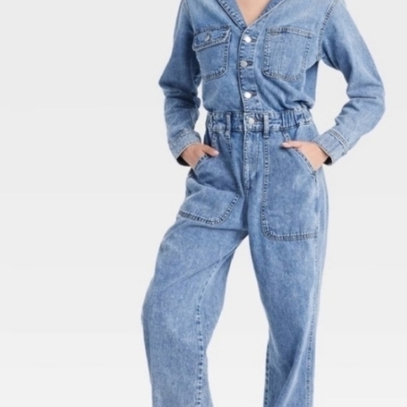 Denim long sleeve jumpsuit with Pockets - Picture 3 of 6
